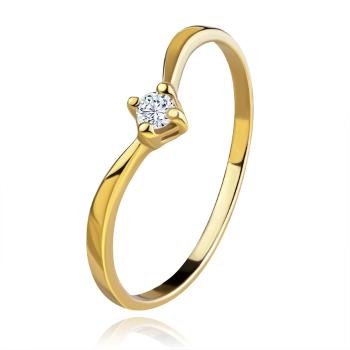 Prsteň zo žltého zlata 585 - lesklé zahnuté ramená, ligotavý číry diamant - Veľkosť: 49 mm