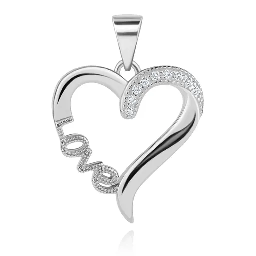 Rhodiovaný přívěsek, stříbro 925, kontura srdce s nápisem Love, čiré zirkony