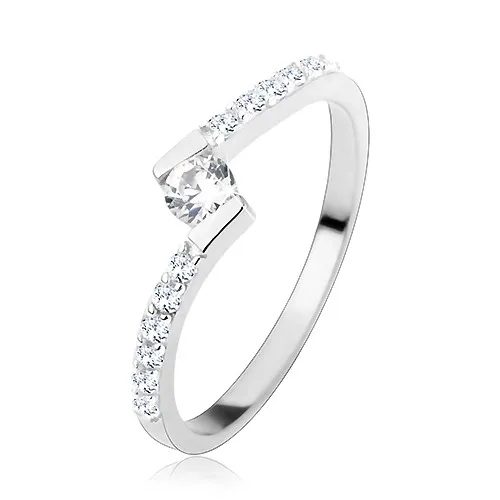 Stříbrný prsten 925, kulatý čirý zirkon mezi zahnutými konci ramen - Velikost: 55