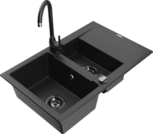 MEXEN/S Gaspar granitový dřez 1.5 s odkapávačem včetně baterie Telma, černá/stříbrná 6507-73-670200-70-B