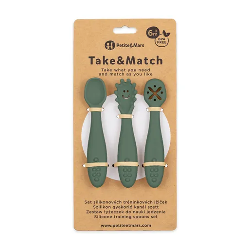 PETITE&MARS Set 3 ks silikonových tréninkových lžiček Take&Match  Misty Green 6m+