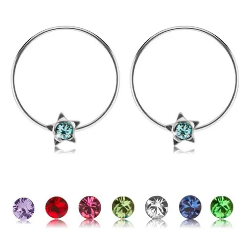 Stříbrné kruhové náušnice 925, hvězdička s barevným krystalkem Swarovski - Barva: Světle zelená