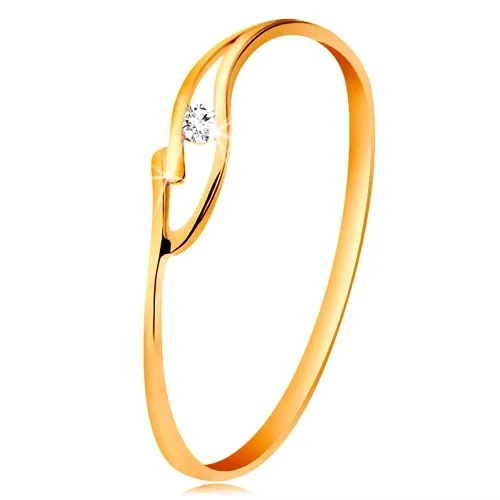 Prsten ze žlutého zlata 585 s třpytivým zirkonkem, rozdělená zvlněná ramena - Velikost: 64