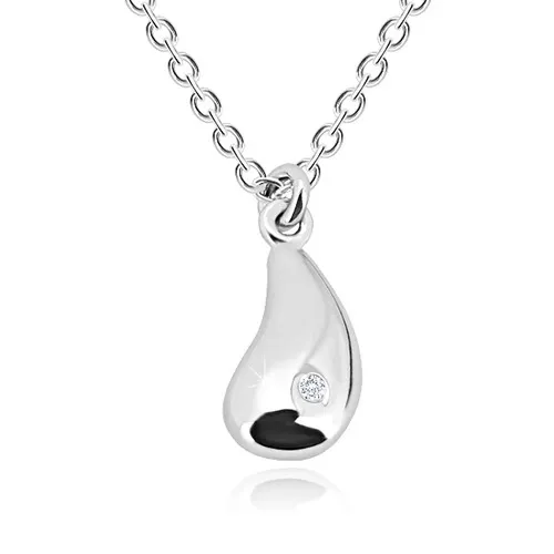 Stříbrný 925 náhrdelník - zrcadlově lesklá kapka s diamantem, řetízek