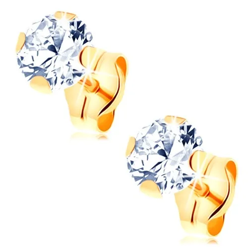 Náušnice ze žlutého 14K zlata - čirý kulatý zirkon v kotlíku, 5 mm
