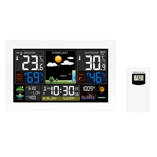 Solight meteostanice, extra velký barevný LCD, teplota, vlhkost, tlak, RCC, USB nabíjení, bílá TE81W-XL