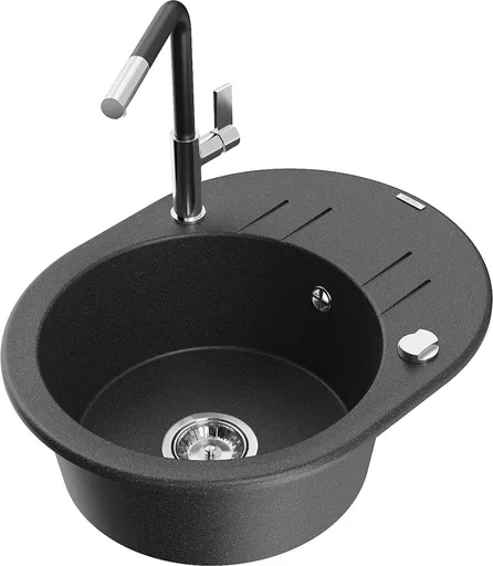 MEXEN/S Kevin granitový dřez 1-miska s odkapávačem včetně baterie Flora, černá kropenatá 6517-76-670401-07