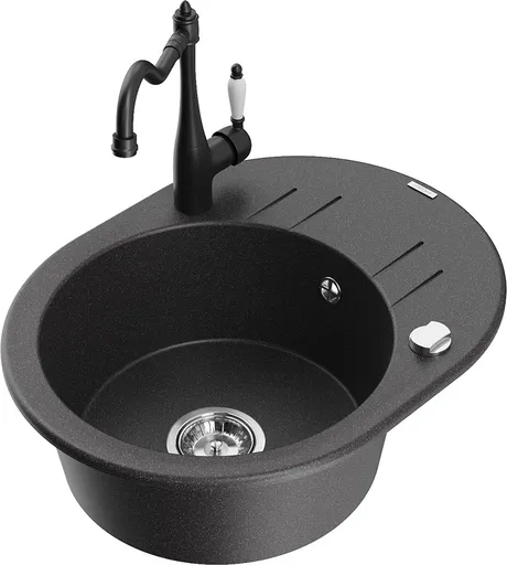 MEXEN/S Kevin granitový dřez 1-miska s odkapávačem včetně baterie Carla, černá kropenatá 6517-76-670700-70