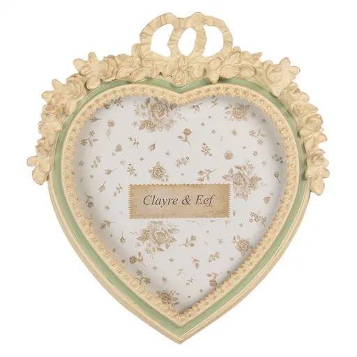 Béžovo-zelený fotorámeček srdce s růžičkami S - 16*3*18 cm / 10*15 cm Clayre & Eef