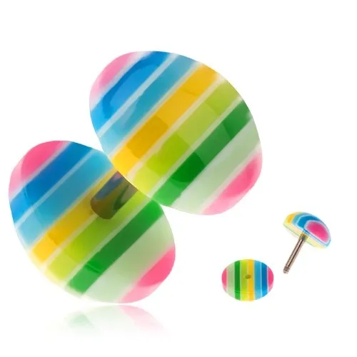 Akrylový fake plug do ucha - žluté, zelené, modré a růžové proužky