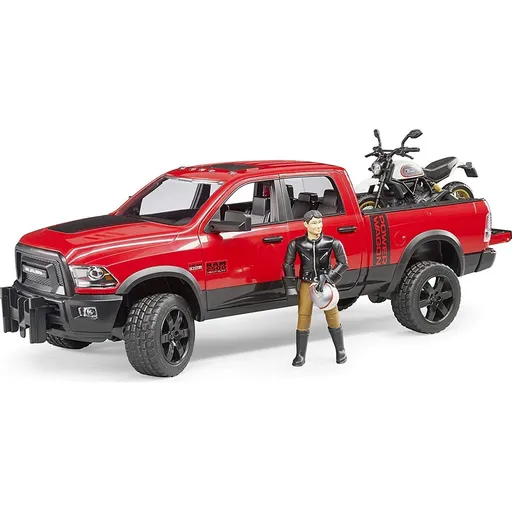Bruder 02502 RAM 2500 Power Wagon s Scramblerem Ducati Desert Sled a řidič