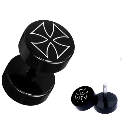 Černý fake plug z akrylu - kruhový, kontura maltézského kříže