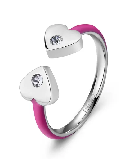 S'Agapõ Ocelový prsten s fuchsiovým smaltem Srdíčka Vibes SVB68