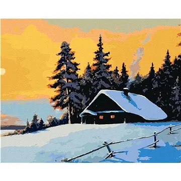 Srub v zimním lese a západ slunce, 80×100 cm, bez rámu a bez vypnutí plátna (5007742)