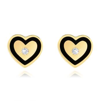 Zlaté náušnice 14K v tvare srdca s čiernou kontúrou a zirkónom