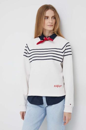 Bavlněná mikina Tommy Hilfiger dámská, béžová barva, vzorovaná