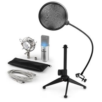 Auna MIC-900S-LED V2, USB mikrofonní sada, stříbrný kondenzátorový mikrofon + pop-filter + stolní stativ