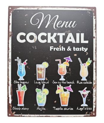 Černá antik nástěnná kovová cedule Menu Coctail - 20*25cm 8PL- 1208820251111