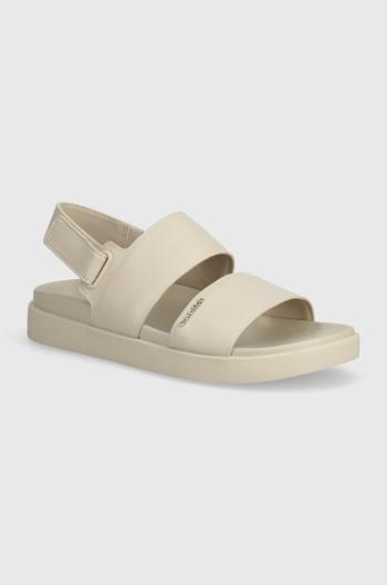 Kožené sandály Calvin Klein FLAT SANDAL CALVIN MTL LTH dámské, béžová barva, HW0HW01984