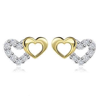 Zlaté náušnice 14K dve srdcia v kombinovanom zlate so zirkónmi