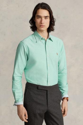 Bavlněná košile Polo Ralph Lauren zelená barva, slim, s límečkem button-down, 710852742