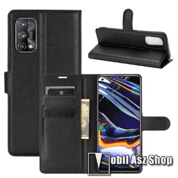 WALLET notesz tok / flip tok - FEKETE - asztali tartó funkciós, oldalra nyíló, rejtett mágneses záródás, bankkártyatartó zseb, szilikon belső - Realme 7 Pro