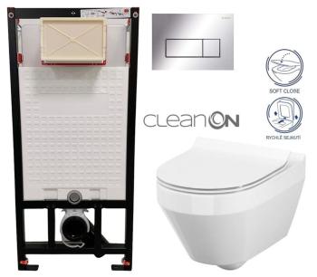 DEANTE Podomítkový rám, pro závěsné WC mísy + SLIM tlačítko chrom + WC CERSANIT CLEANON CREA OVÁL + SEDÁTKO CST_WC01 051P CR1