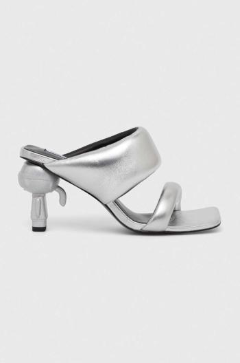 Kožené pantofle Karl Lagerfeld IKON HEEL dámské, stříbrná barva, na podpatku, KL39005A