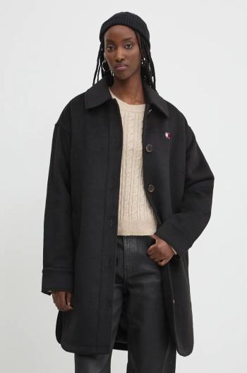 Kabát s příměsí vlny Tommy Jeans černá barva, přechodný, oversize, DW0DW19831