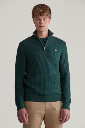 SVETR GANT COTTON TEXTURED HALF ZIP TARTAN GREEN