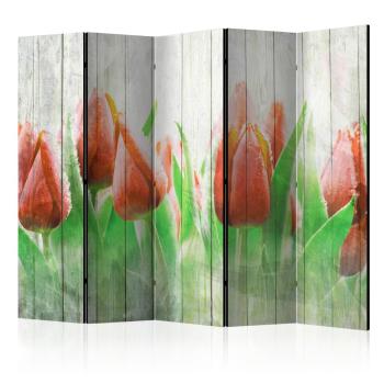 Paraván Red tulips on wood Dekorhome 225x172 cm (5-dílný)