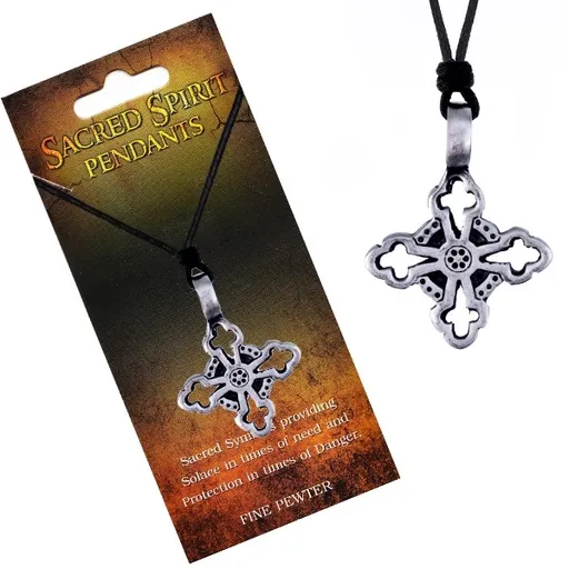 Náhrdelník – černá šňůrka a kovový přívěsek, liliový kříž