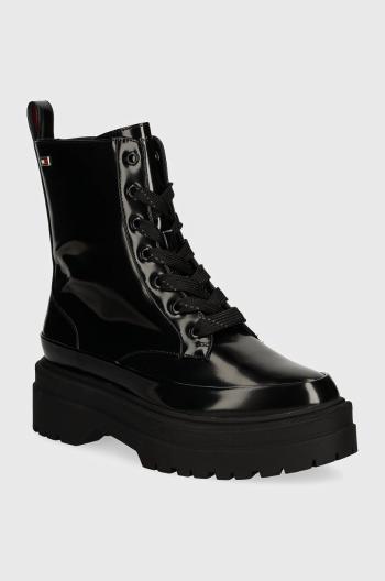 Nízké kozačky Tommy Hilfiger FLAG RAIN LACE UP BOOT dámské, černá barva, na platformě, FW0FW07953