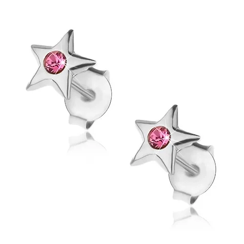 Stříbrné náušnice 925, lesklá hvězdička s krystalkem v růžovém odstínu