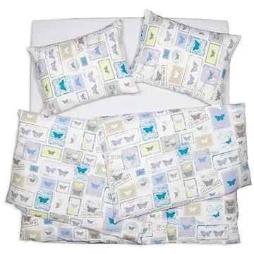 SCANquilt povlečení KREP známky-motýli bílomodrožlutá (29560)
