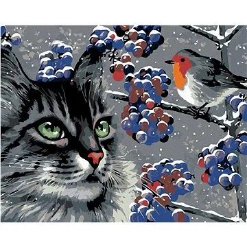 Diamondi - Diamantové malování - ČÍHAJÍCÍ ŠEDÝ KOCOUR A PTÁČEK, 40x50 cm, bez rámu a bez vypnutí plá (602018A)