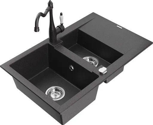 MEXEN/S Gaspar granitový dřez 1.5 s odkapávačem včetně baterie Carla, černá kropenatá 6507-76-670700-76