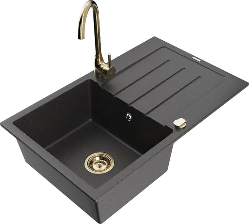 MEXEN/S Bruno granitový dřez s odkapávačem včetně baterie Telma, černá kropenatá 6513-76-670200-50