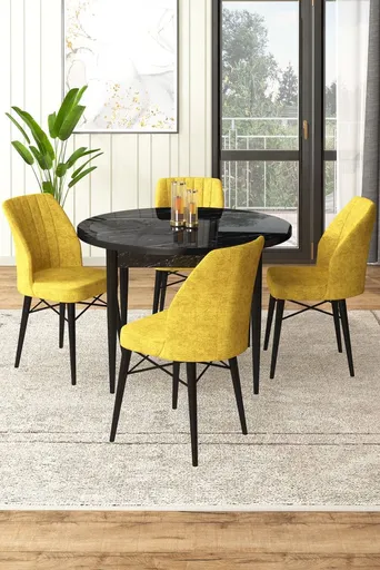 Dining Table & Chairs Set (5 Pieces) Rox - Black Marble, Mustard