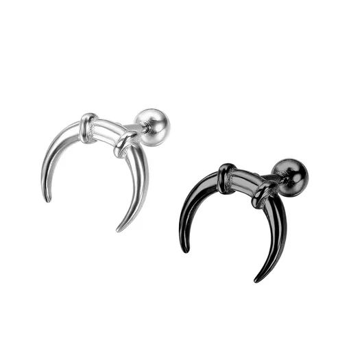 Ocelový fake piercing - otočené býčí rohy, hladký povrch, různé barvy - Barva: Černá