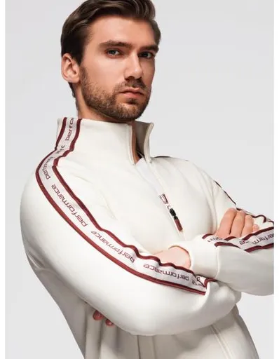 Pánská mikina bez knoflíků s lemováním a vysokým límcem – krémová V2 OM-SSZP-0224