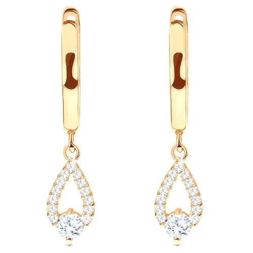 Zlaté náušnice 585 - lesklý oblouček, třpytivá kontura kapky, kulatý zirkon