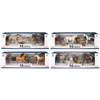 Sada Model Svět zvířat 2 koně, hříbě a figurka - světle hnědí s korytem