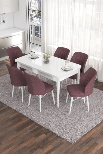 Extendable Dining Table & Chairs Set (7 Pieces) Eva - White, Dusty Rose