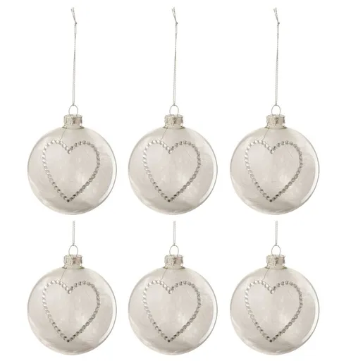6ks vánoční skleněná ozdoba se srdíčkem a peříčky - Ø 8 cm J-Line by Jolipa