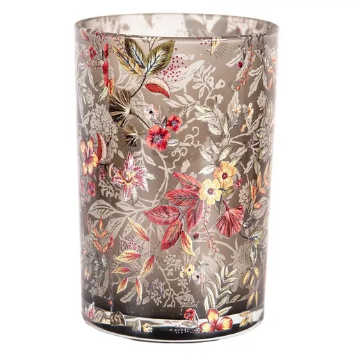 Šedý skleněný svícen s květy - Ø 12*18 cm Clayre & Eef