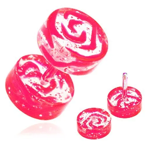 Akrylový fake piercing do ucha, průhledný, růžový potisk obrysu růže