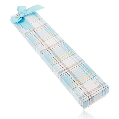 Károvaná krabička na řetízek a hodinky, mašle z lesklé světle modré stuhy