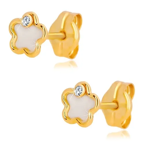 Náušnice ze 14K žlutého zlata - květ s přírodní perletí a zirkonem