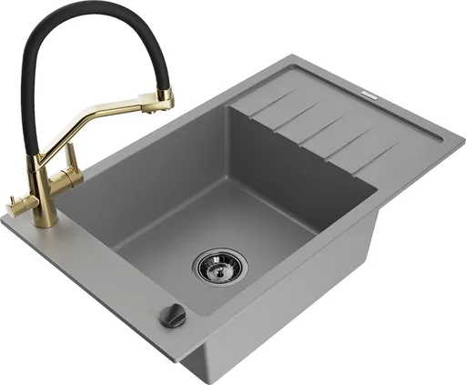 MEXEN/S Elias granitový dřez s odkapávačem včetně baterie Duo, šedá 6511-71-671701-57-B